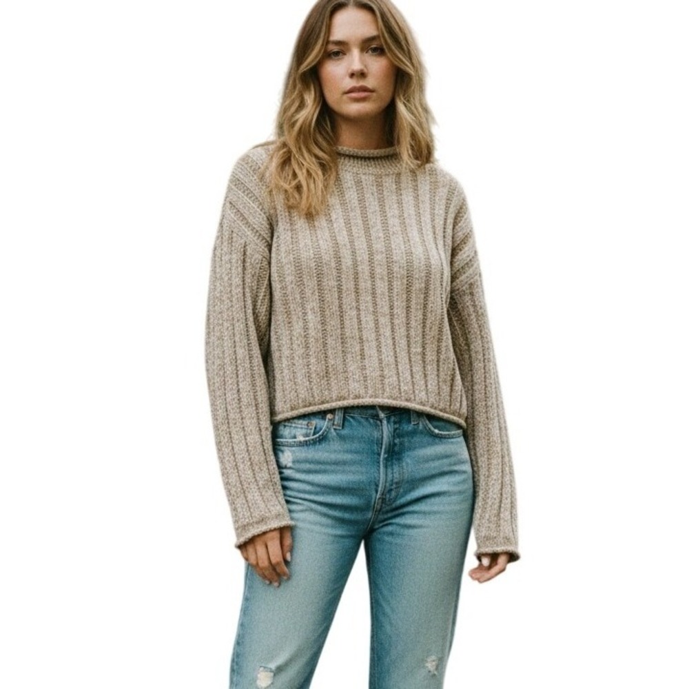 Q&A Knit Sweater Mock Neck Ribbed Long Sleeve Crop Beige Size L